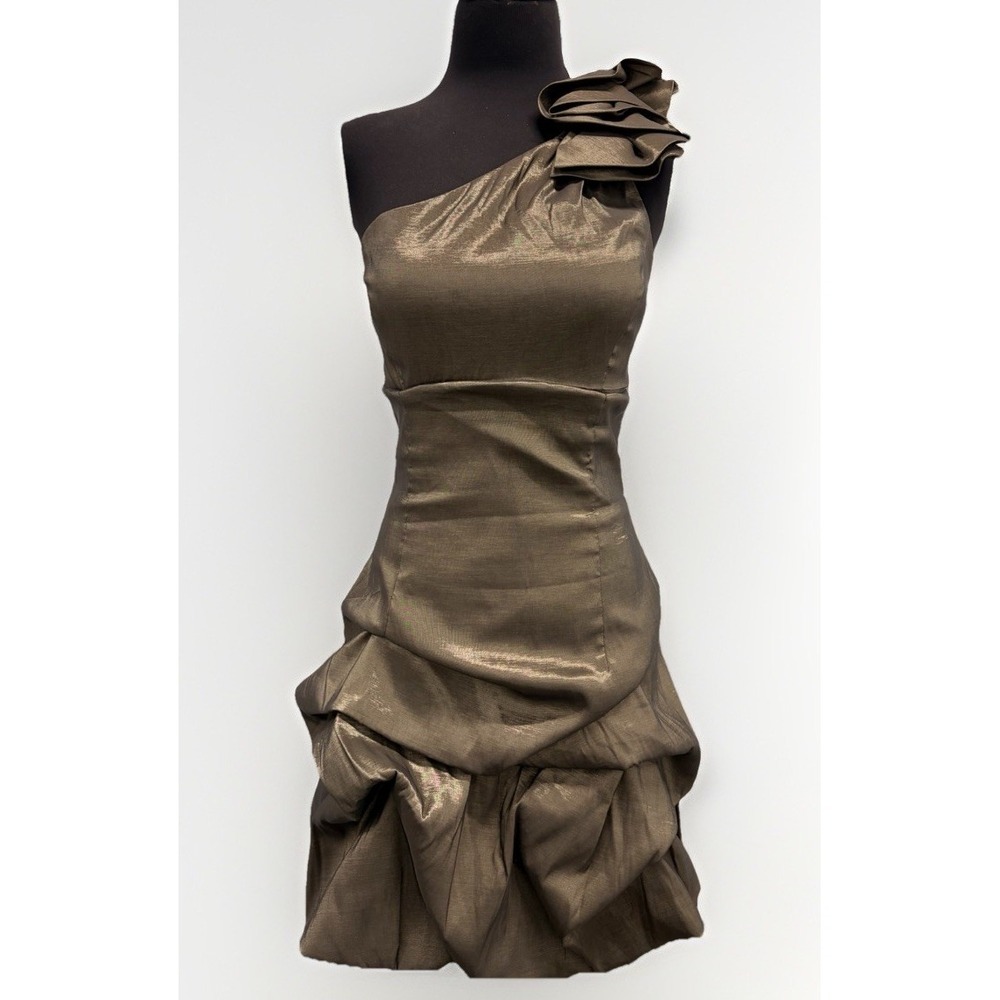Jessica McClintock Cocktail‎ Dress 8 Mini Satin Silver Gold Bubble Hem Party VTG